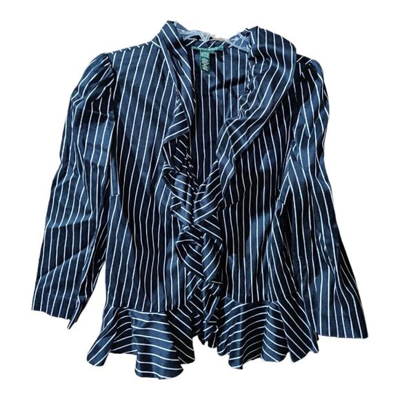 LAUREN RALPH LAUREN Black Pinstriped Ruffle Jacket - Size 14 - Picture 1 of 6